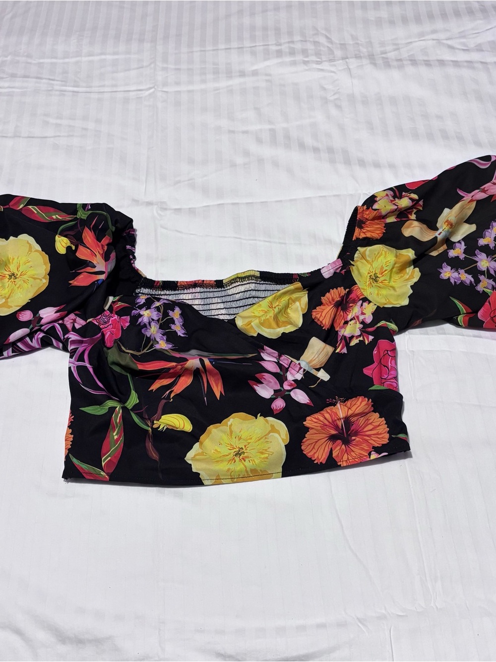 SHEIN Black Crop Top with Yellow & Pink Floral Print